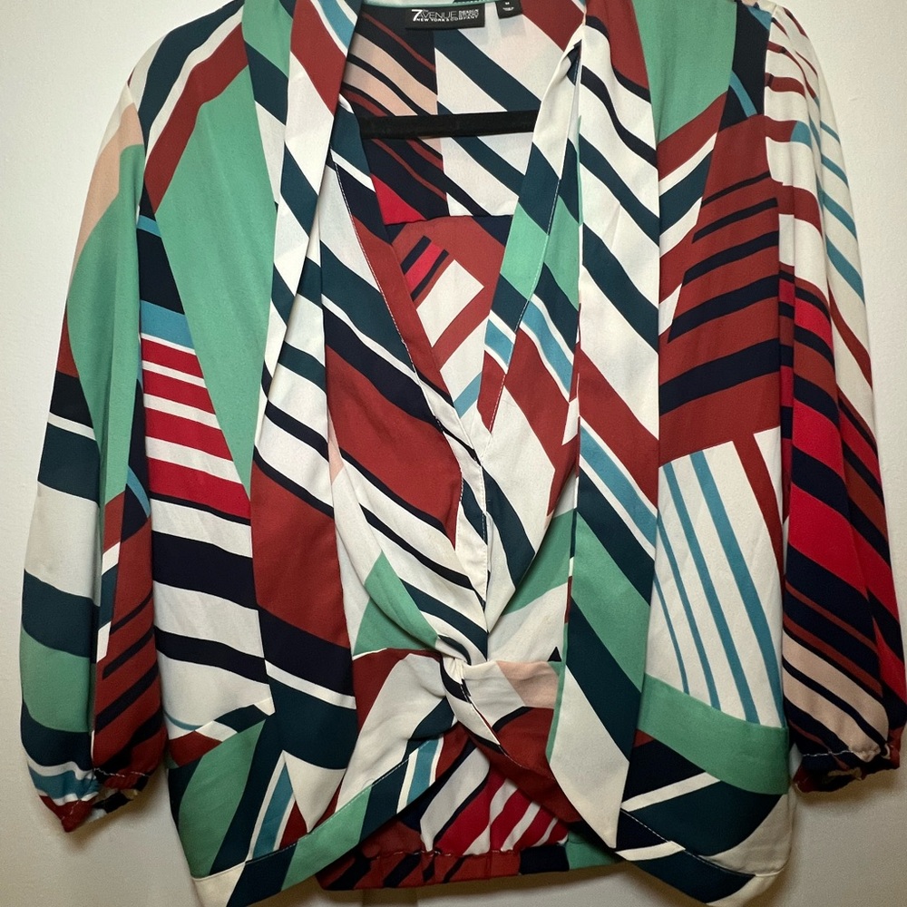 Zara Green and Red Graphic Tie Front Blouse